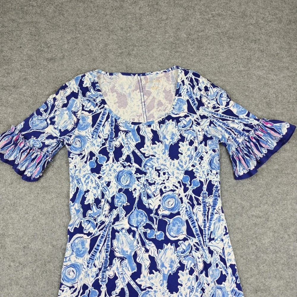 Lilly Pulitzer Dress Womens‎ Small Blue Floral Jersey Ruffle Bell Sleeve Shift